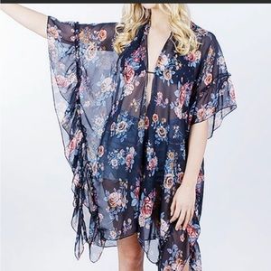 David and Young Kimono Semi Sheer Floral Ruffle Kimono Navy Blue